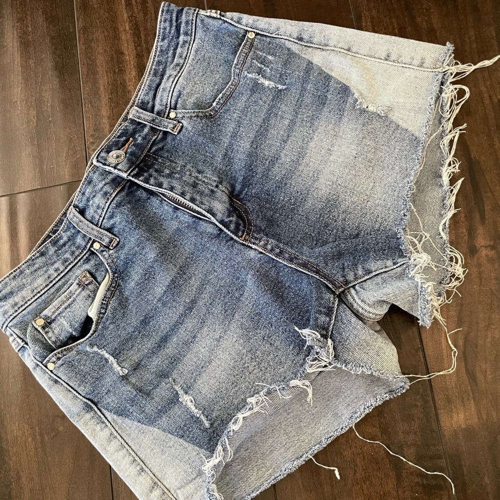 Guess Blue and Gray Frayed Jean Shorts
